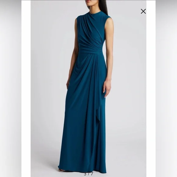 Betsy & Adam Teal Sleeveless Draped Maxi Gown - Picture 3 of 9